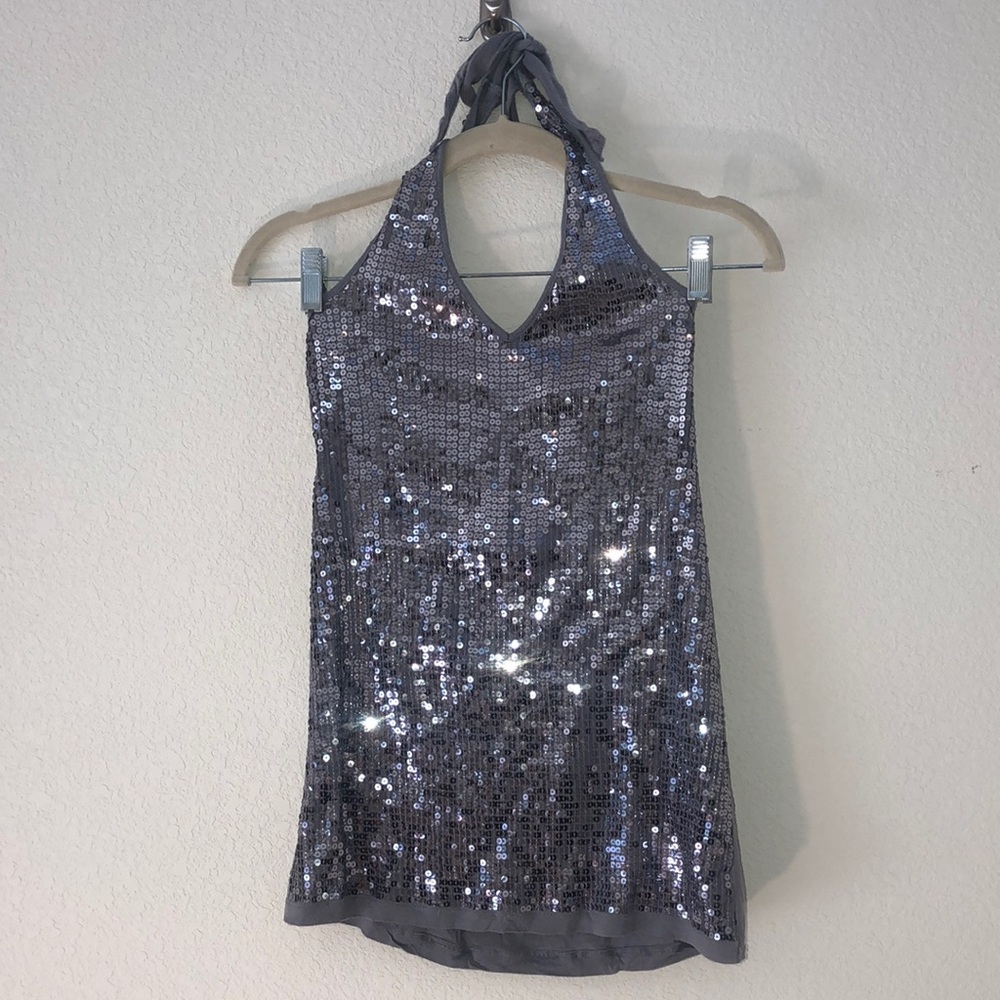 Flounce TBD Gray and Silver Sequin Halter Top Size L